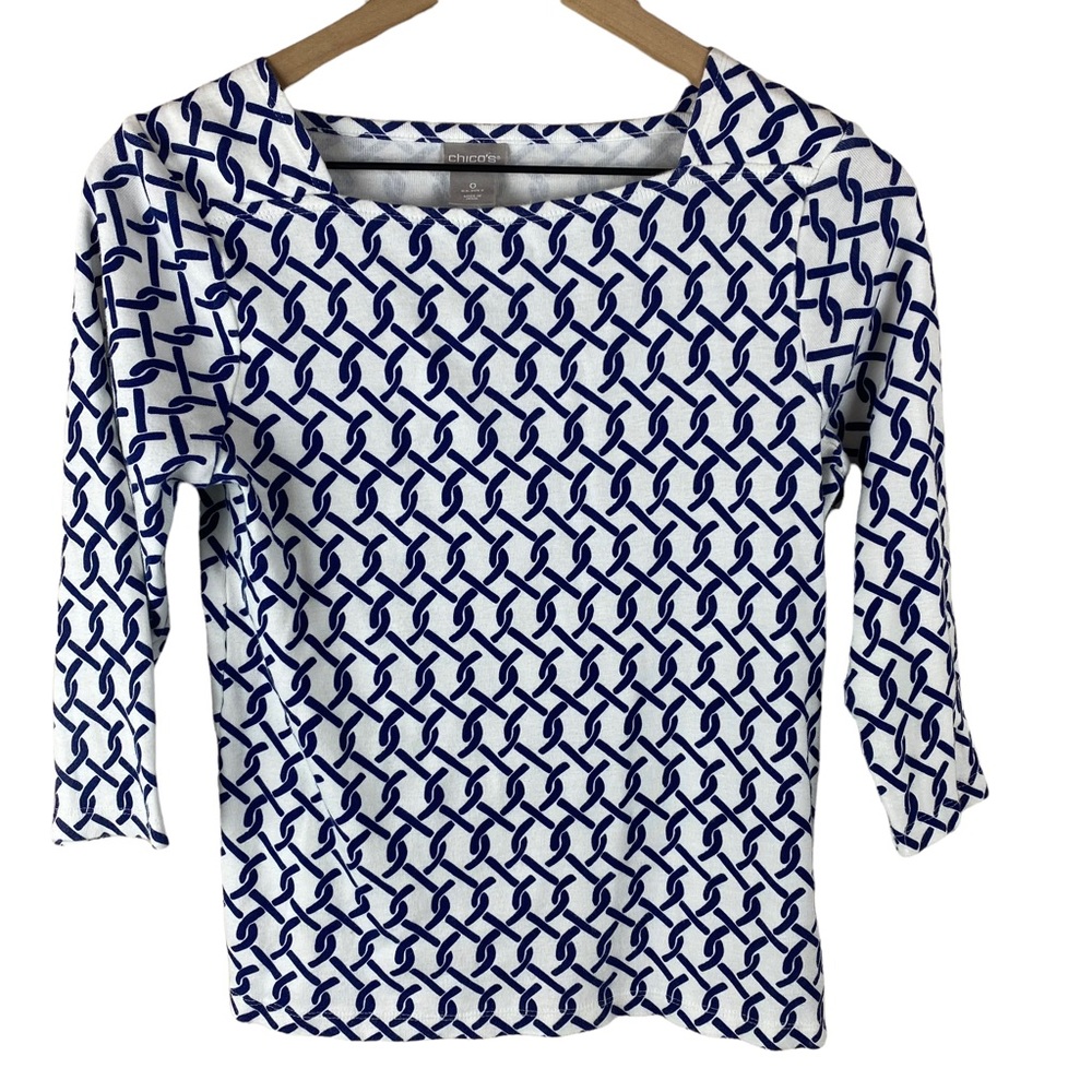 Chicos White Blue 3/4 Sleeve Square Neck T-shirt Top Small